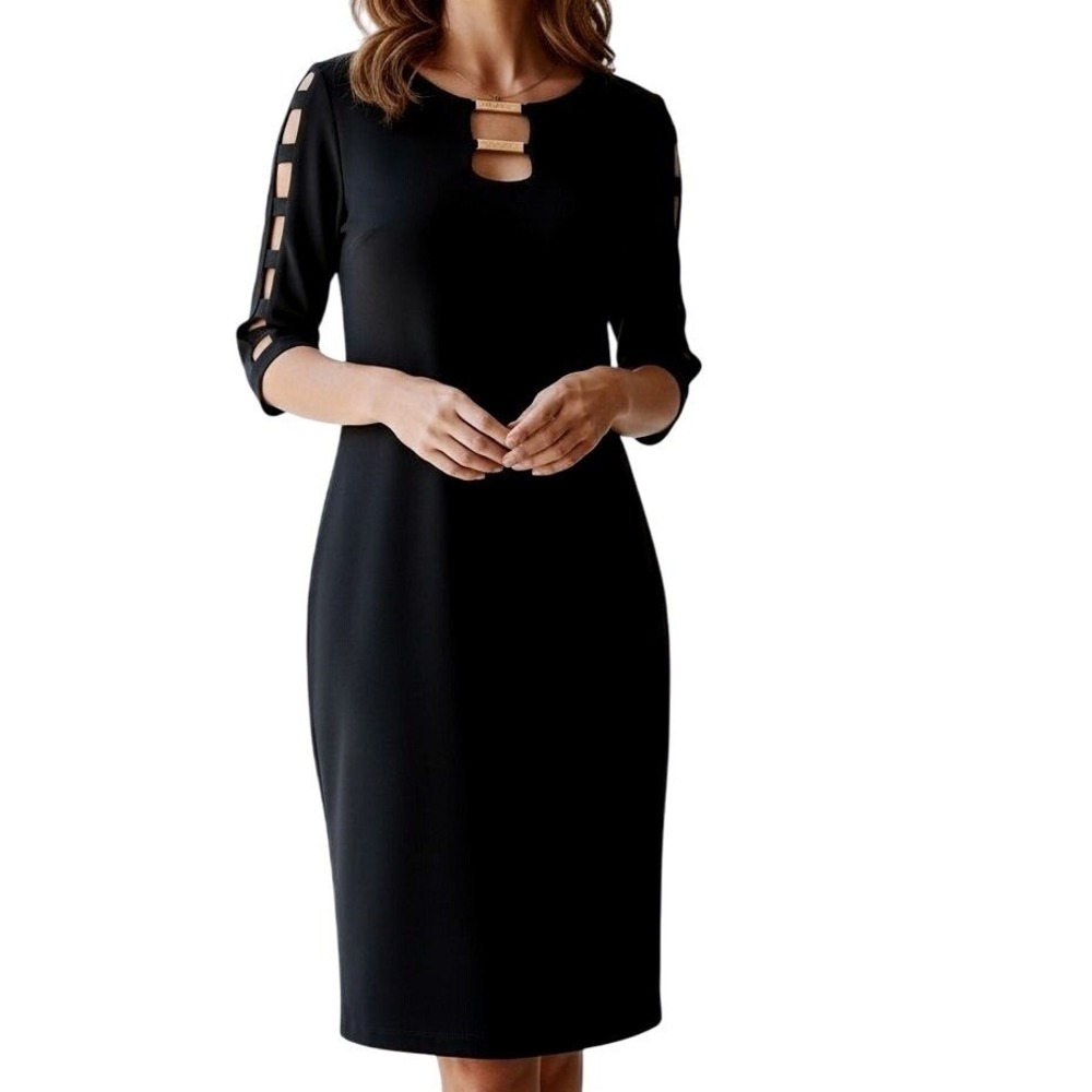 Joseph Ribkoff Black Sheath Dress Size 4 Cutout Neck Gold Detail 3/4 Sleeve Midi